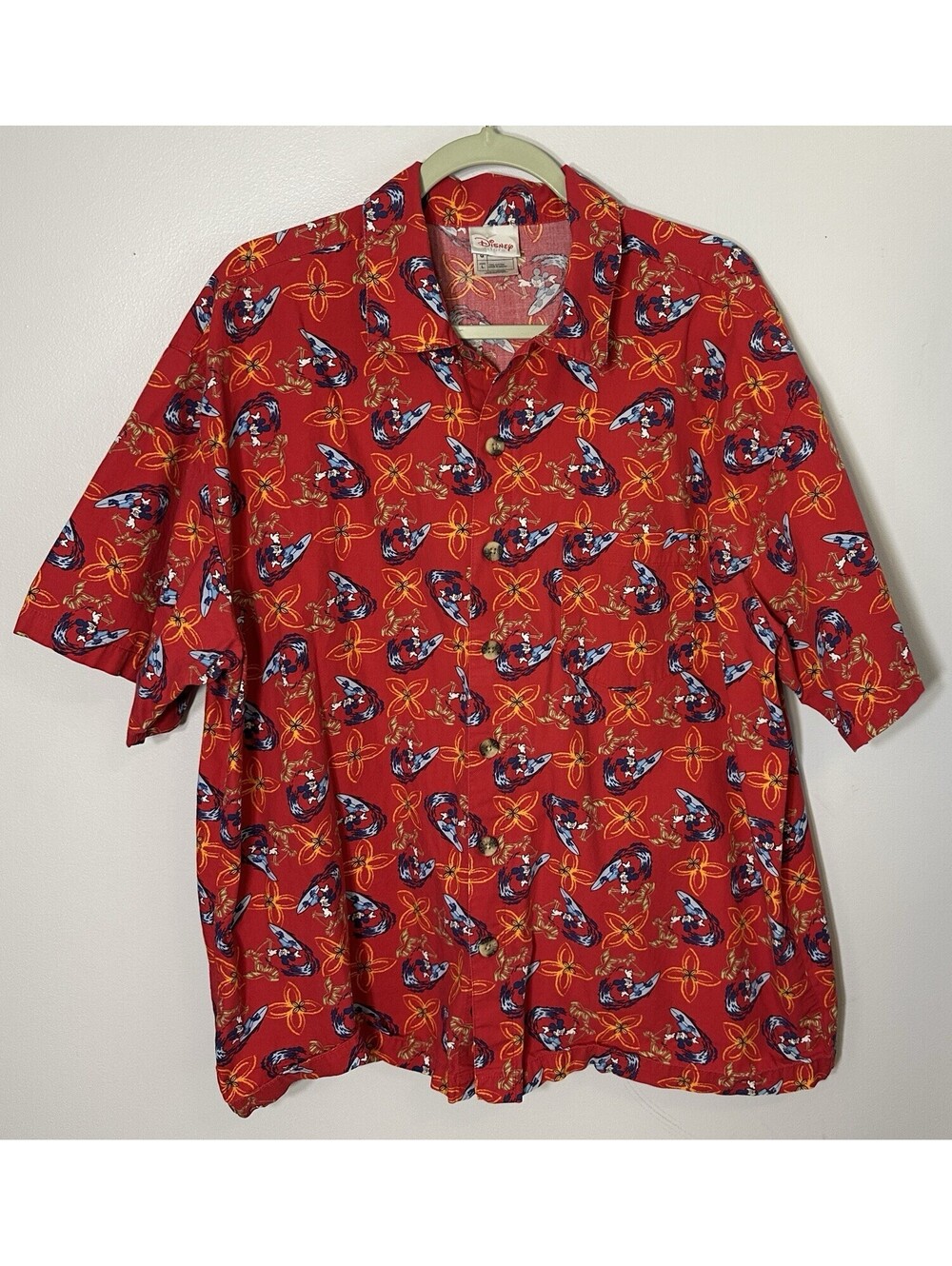 VTG Disney Mickey Mouse Surfing Hawaiian Shirt Red Cotton Button Down Large GUC